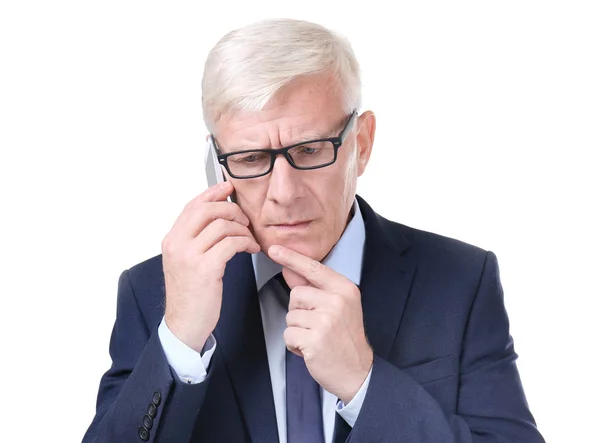 Attractive Mature Businessman Talking Phone White Background — Stock Photo, Image