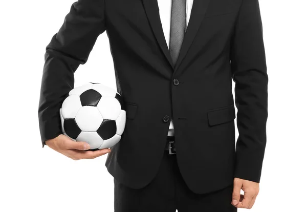 白い背景の上のサッカー ボールを持つマネージャー — ストック写真