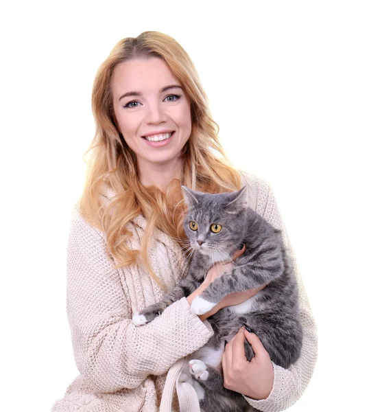 Retrato Mulher Jovem Com Gato Fundo Branco Dono Animais — Fotografia de Stock