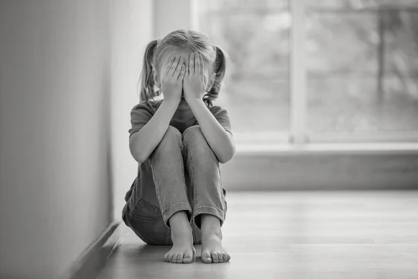 Sad Little Girl Sitting Floor Indoors Black White Effect — Stock Photo, Image