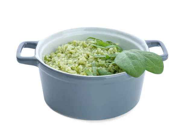 Schotel Met Smakelijke Spinazie Risotto Witte Achtergrond — Stockfoto