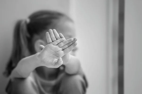 Sad Little Girl Making Stop Gesture Indoors Black White Effect — Stock Photo, Image