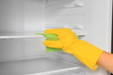 Buzdolabı bez, closeup ile temizlik kadın
