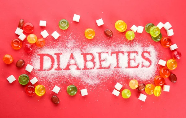 Palabra Diabetes Caramelos Sobre Fondo Color —  Fotos de Stock