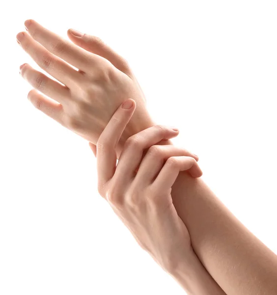 Junge Frau Berührt Ihre Hand Und Spürt Feuchtigkeitsspendende Wirkung Von — Stockfoto