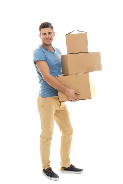 白い背景の上のボックスの移動を持つ男 — ストック写真