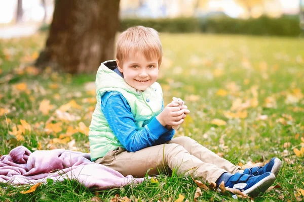 公園でかわいいペットのハムスターの小さな男の子 — ストック写真