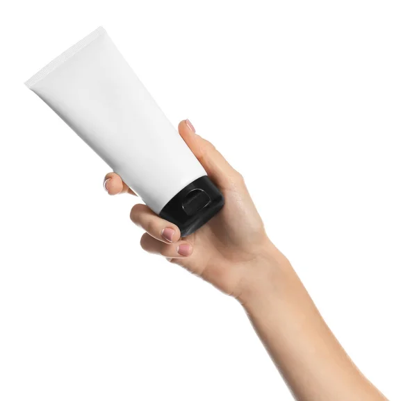 Junge Frau Hält Tube Mit Handcreme Auf Weißem Hintergrund — Stockfoto