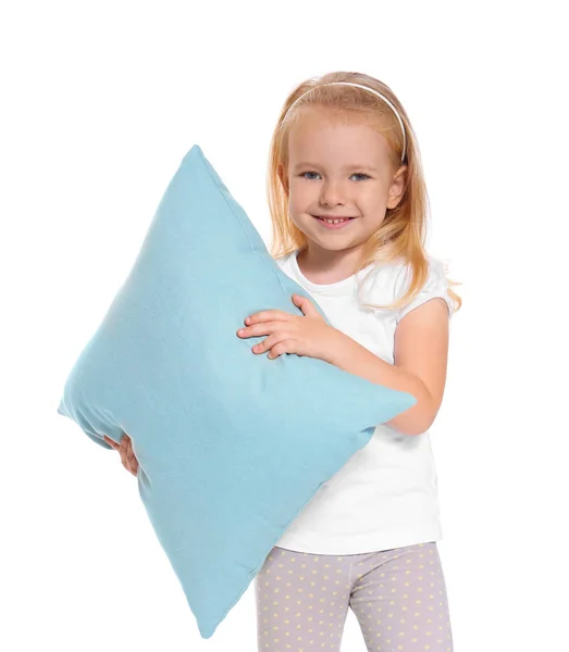 Kleines Mädchen Mit Großem Kissen Auf Weißem Hintergrund — Stockfoto