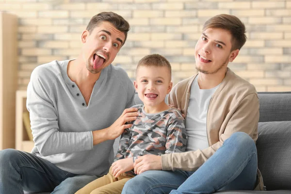 Funny Male Gay Couple Adopted Boy Sofa Home — Stock Photo, Image