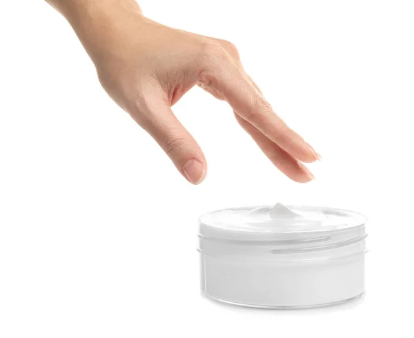 Vrouwelijke Hand Met Potje Crème Witte Achtergrond — Stockfoto