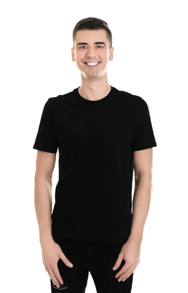 Junger Mann in farbigem T-Shirt auf weißem Hintergrund. Design-Attrappe — Stockfoto