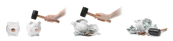 Woman Smashing Piggy Bank Hammer White Background — Stock Photo, Image