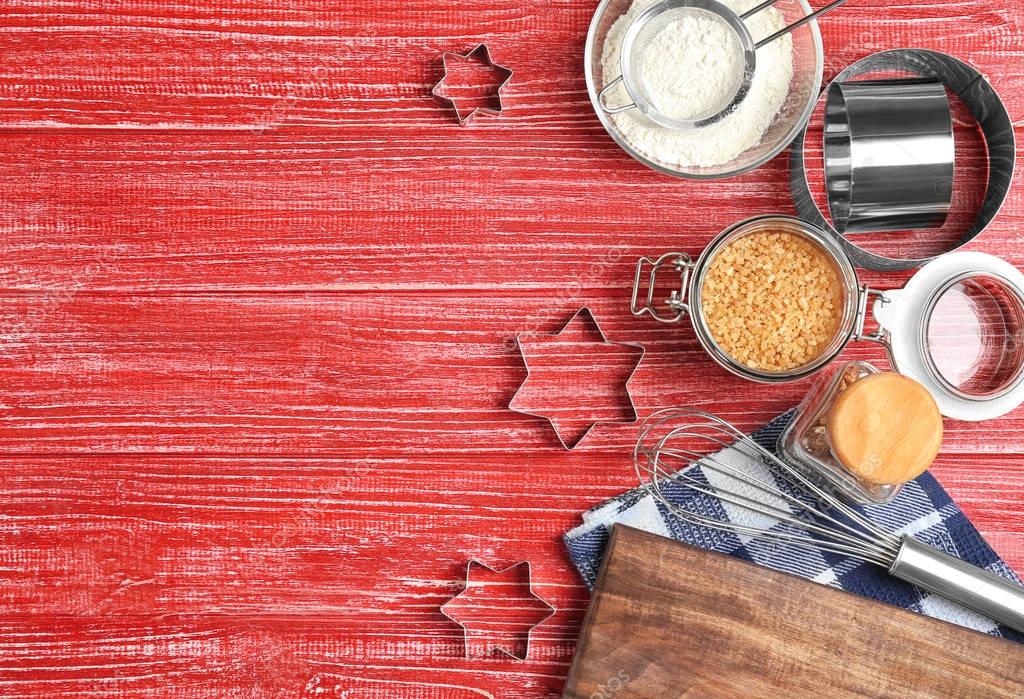 Utensilios Cocina Ingredientes Para Repostería Sobre Fondo Madera Color