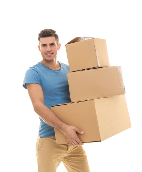 Hombre Con Cajas Móviles Sobre Fondo Blanco — Foto de Stock