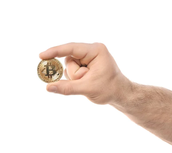 Mannenhand met gouden bitcoin — Stockfoto