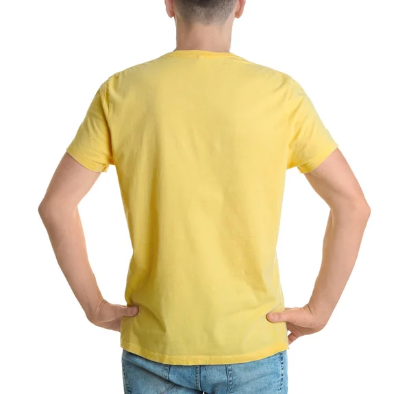 Ung Man Färg Shirt Vit Bakgrund Mockup För Design — Stockfoto