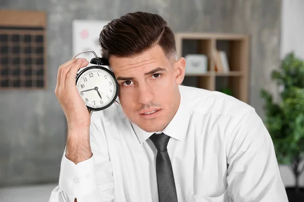 Tired Manager Holding Alarm Clock Office — Stock Photo, Image
