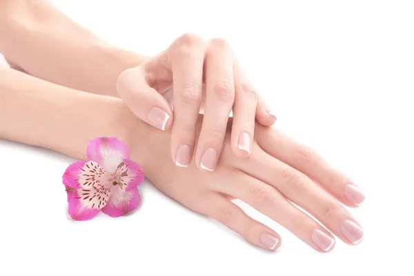 Young Woman Touching Her Hand Feeling Moisturizing Effect Cream White — Stock Photo, Image