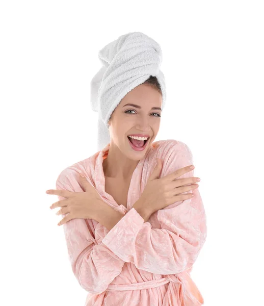 Giovane donna in asciugamano e accappatoio — Foto Stock