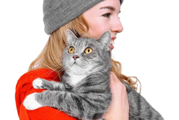 Retrato Mujer Joven Con Gato Sobre Fondo Blanco Propietario — Foto de Stock