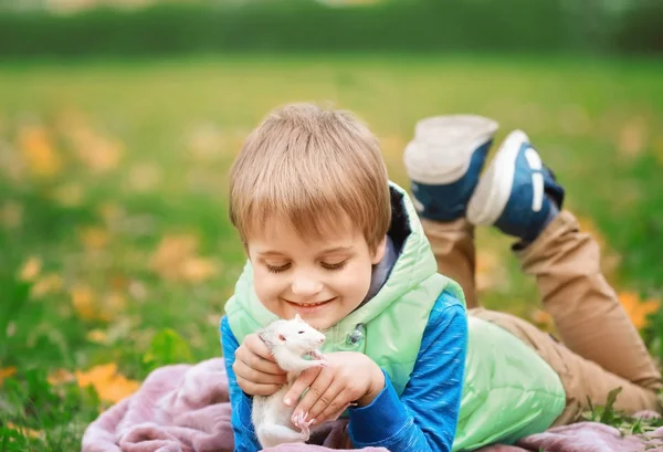 Little Boy Cute Pet Rat Park — Stock Photo, Image