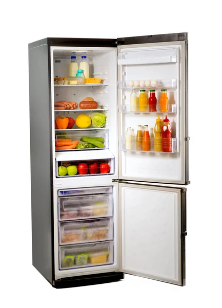 Open Refrigerator Full Different Food White Background — Stock Photo, Image