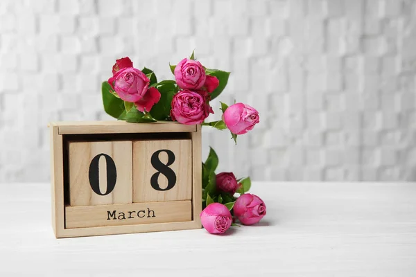 Rosas Calendario Bloques Mesa Composición Para Día Internacional Mujer — Foto de Stock