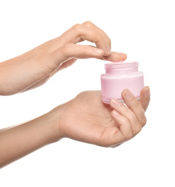 Junge Frau Mit Einem Glas Handcreme Auf Weißem Hintergrund — Stockfoto