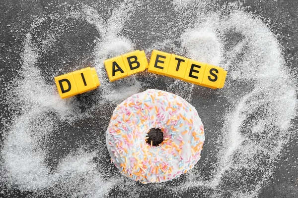 Palabra Diabetes Donut Sobre Fondo Gris — Foto de Stock