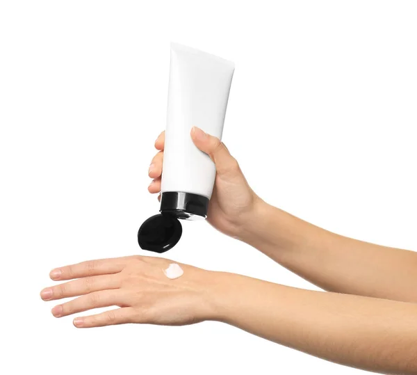 Young Woman Applying Hand Cream White Background — Stock Photo, Image