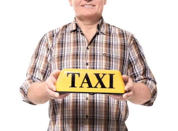 Senior driver with taxi roof light on white background