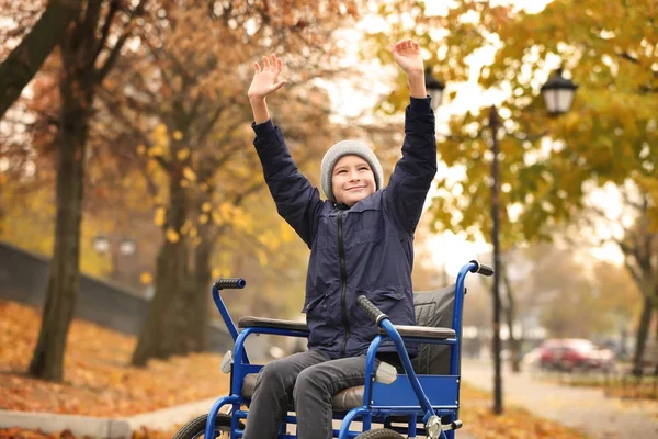 Маленький хлопчик у інвалідному візку на відкритому повітрі — стокове фото