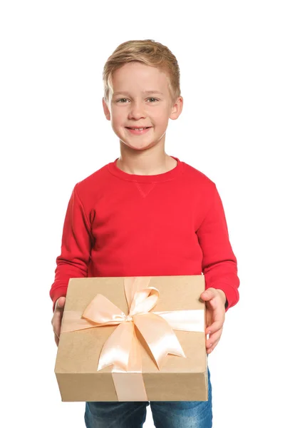 Cute little boy with gift for Mother's Day on white background — Stock Photo, Image