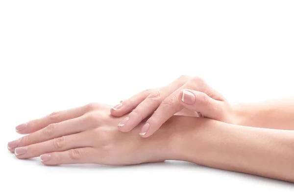Jonge Vrouw Haar Hand Aanraken Voelen Hidratatie Effect Van Crème — Stockfoto