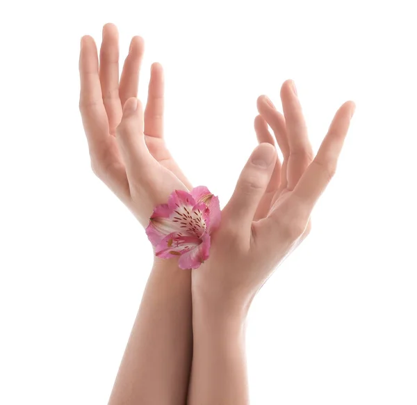 Young Woman Soft Skin Using Hand Cream White Background — Stock Photo, Image