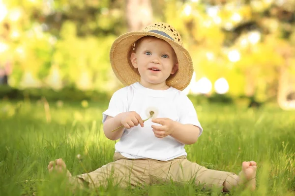 Carino Bambino Con Dente Leone Nel Parco Verde Nella Giornata — Foto Stock