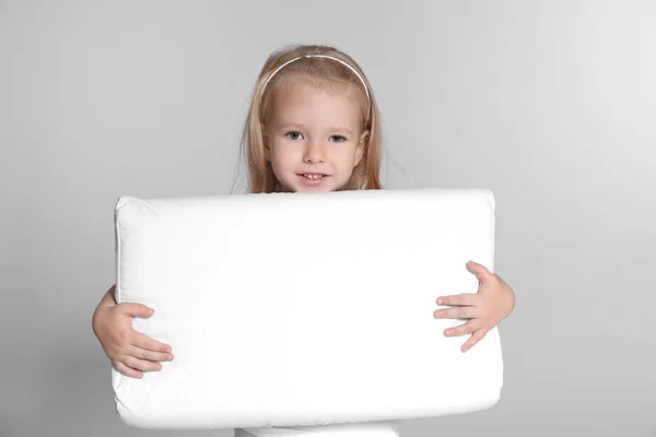 Little Girl Big Pillow Grey Background — Stock Photo, Image