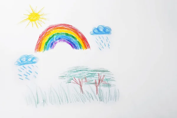 Childish drawing of landscape with rainbow