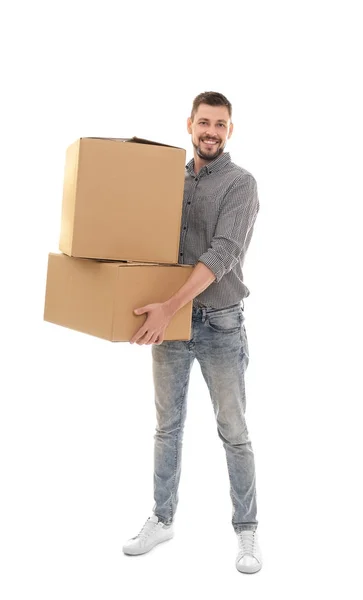 Hombre Con Cajas Móviles Sobre Fondo Blanco —  Fotos de Stock