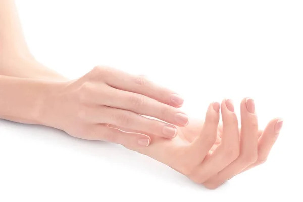 Junge Frau Berührt Ihre Hand Und Spürt Feuchtigkeitsspendende Wirkung Von — Stockfoto