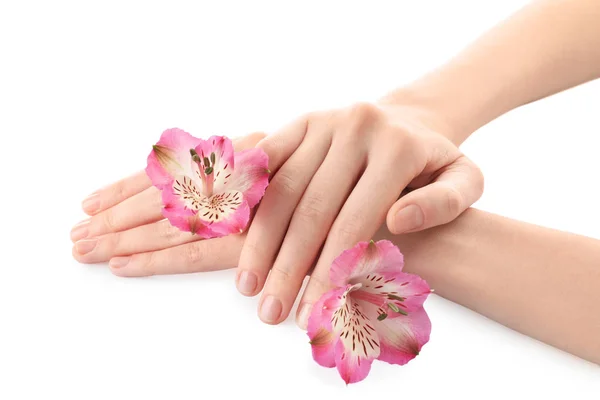 Young Woman Touching Her Hand Feeling Moisturizing Effect Cream White — Stock Photo, Image