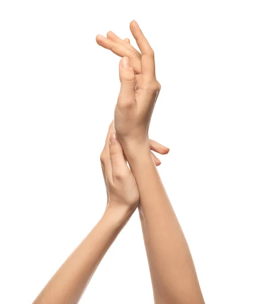 Mãos Mulher Jovem Com Pele Saudável Amolecida Por Creme Com — Fotografia de Stock
