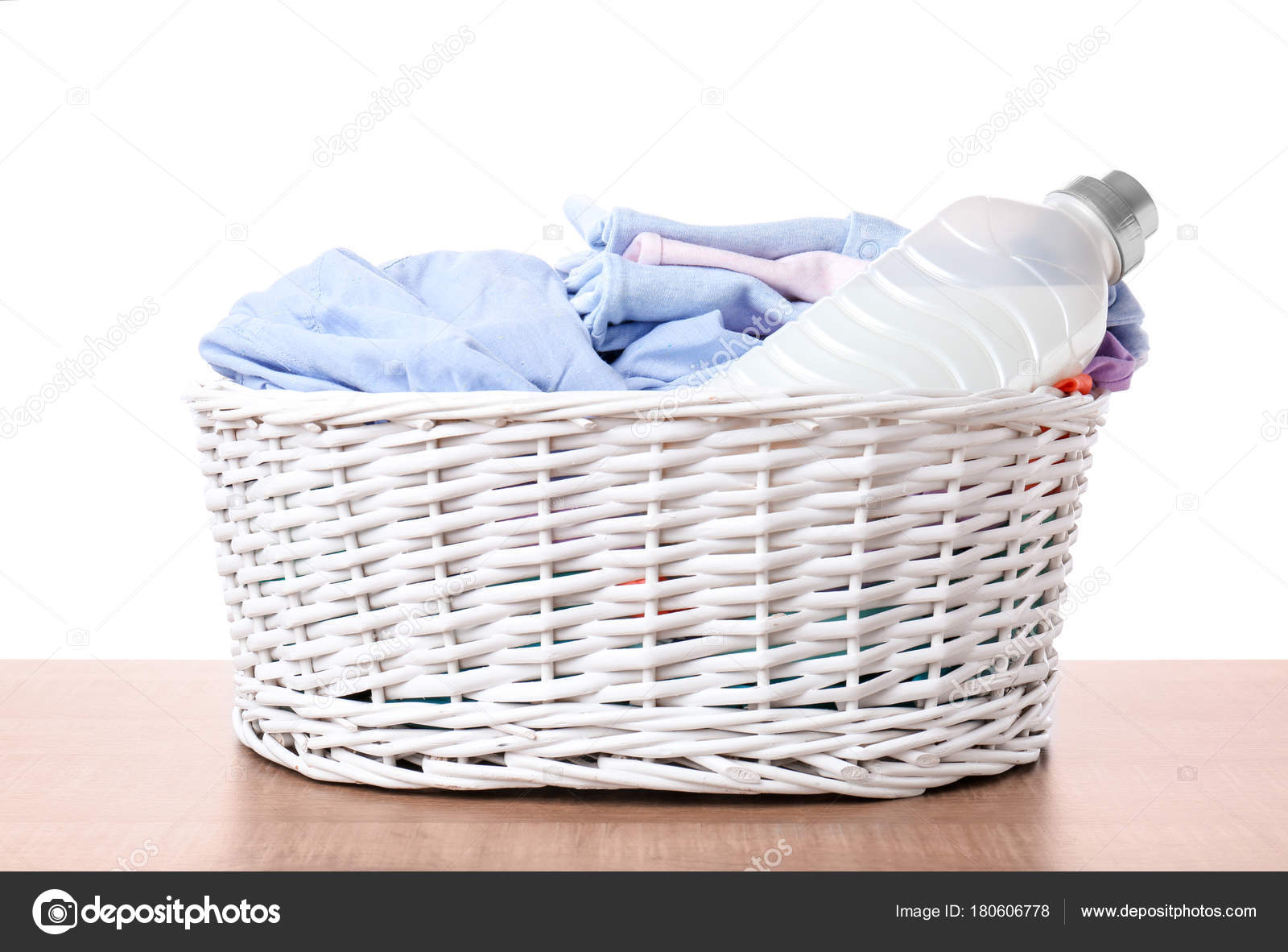 Basket Dirty Clothes Laundry Detergent Table White Background — Stock