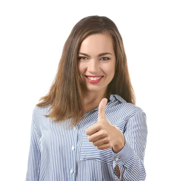 Πορτρέτο Του Όμορφη Χαμογελαστή Γυναίκα Δείχνει Χειρονομία Αντίχειρας Επάνω Λευκό — Φωτογραφία Αρχείου