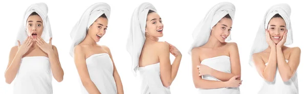 Collage Young Beautiful Woman Soft Towels White Background — Stock Photo, Image