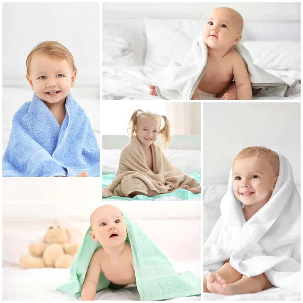 Collage Mit Niedlichen Kleinen Kindern Und Weichen Handtüchern Auf Betten — Stockfoto