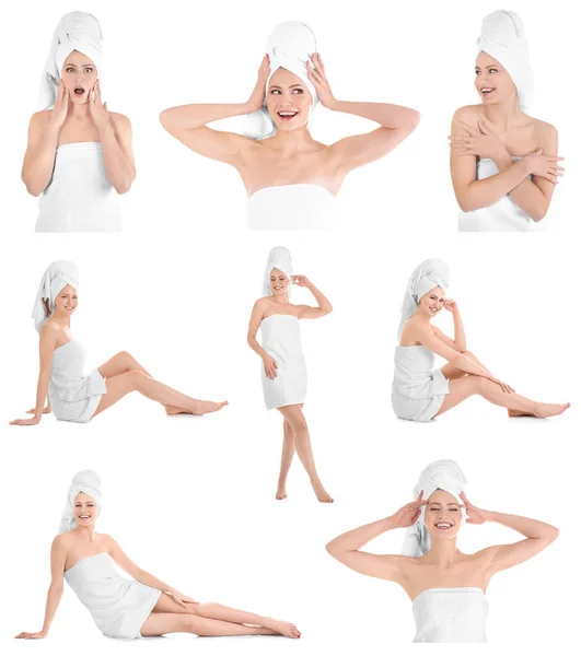 Collage Con Giovane Bella Donna Morbidi Asciugamani Sfondo Bianco — Foto Stock
