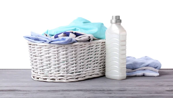 Basket Dirty Clothes Laundry Detergent Table White Background — Stock Photo, Image