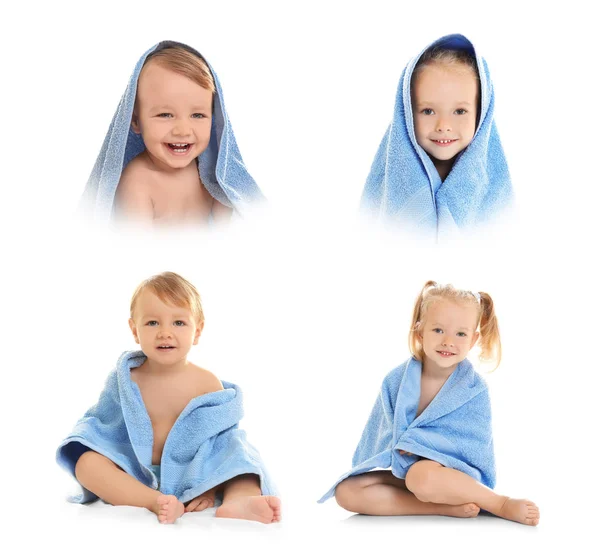 Collage Mit Niedlichen Kleinen Kindern Und Handtüchern Auf Weißem Hintergrund — Stockfoto